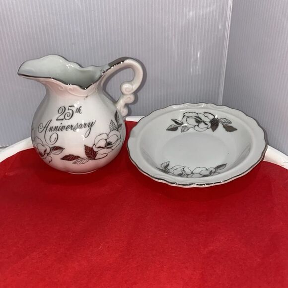 Georgian Fine China 25th Anniversary Miniature Pitcher & Bowl Silver Trim - Picture 10 of 12